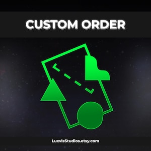 May include: A digital graphic featuring the text "CUSTOM ORDER" in white, edged with grey, at the top. Below, a green outline of a document with a dotted line, arrow, and circle is shown. The Etsy shop URL, LuxvisStudios.etsy.com, is at the bottom.