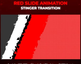 May include: Red and white slide animation stinger transition in WEBM format. The animation is 1920x1080 pixels and includes a sound effect.  "RED SLIDE ANIMATION STINGER TRANSITION" is written in white text on a red background.  "Resolution 1920x1080 px // Sound effect // Ready to use // WEBM format" is written in white text on a red background.  "LuxvisStudios.etsy.com" is written in white text on a red background.