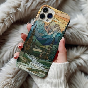 Stained glass mountain range phone case, nature inspired phone case, I phone 12 13 14 15 16, stained glass phone case, forest phone case