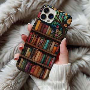 Stained Glass Bookshelf Phone Case, Floral Bookish iPhone Cover 12 13 14 15 16 Library Aesthetic Reader Gift