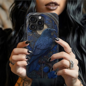 Raven phone case, faux stained glass, crow phone case, goth phone case, dark academia case, halloween phone case