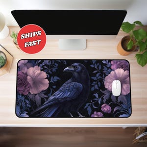 Raven desk mat, floral desk mat, witchy desk mat, dark cottagecore, witchy desk decor, extended mousepad