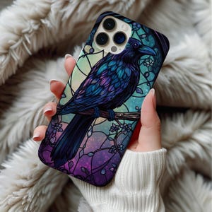 Crow Stained Glass Phone Case, Gothic Faux Glass Art for iPhone 12 13 14 15 16 & Samsung Galaxy, Stained Glass Phone Case