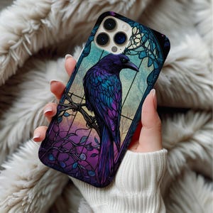 Crow Stained Glass Phone Case, Gothic Faux Glass Art for iPhone 12 13 14 15 16 & Samsung Galaxy, Stained Glass Phone Case