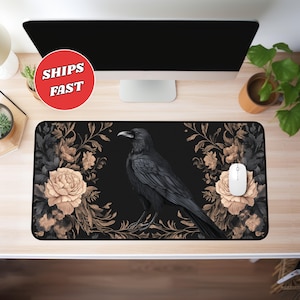 Raven desk mat, floral desk mat, witchy desk mat, dark cottagecore, witchy desk decor, extended mousepad