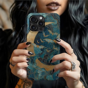 Halloween Phone Case, Celestial Moon & Stars Cover with Bats, Witchy Tough Case Gift, Gothic Faux Stained Glass Design