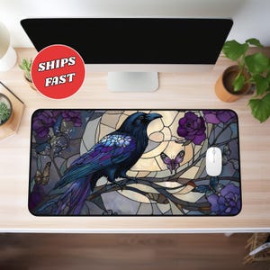 raven desk mat, raven mouse pad, witchy desk mat, artistic desk mat, raven stained glass, crow mouse pad, goth desk decor