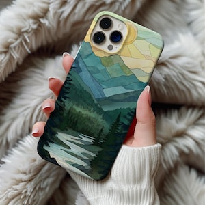Stained glass mountain range phone case, nature inspired phone case, I phone 12 13 14 15 16, stained glass phone case, forest phone case