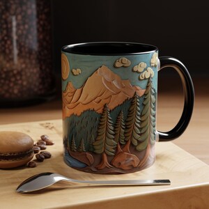 Mountain Mug, PRINTED WOOD Mug, Mountain Range Pine Tree Coffee Cup, Outdoor Designs Cup, Perfect Gift For Nature Lovers