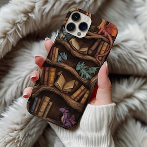 Dragon Bookshelf Phone Case, 3D Carved Wood Illusion iPhone Pro Max Plus Cover Bookish Fantasy Dragon Lover Gift