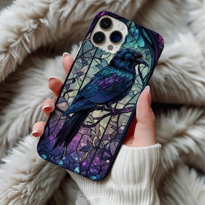 Crow Stained Glass Phone Case, Gothic Faux Glass Art for iPhone 12 13 14 15 16 & Samsung Galaxy, Stained Glass Phone Case