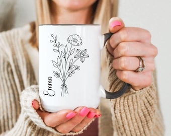 Custom Floral Mug With Name, Customizable Mug Gift, Personalized Floral Coffee Mug, Custom Gift Mug, Birth Flower Mug