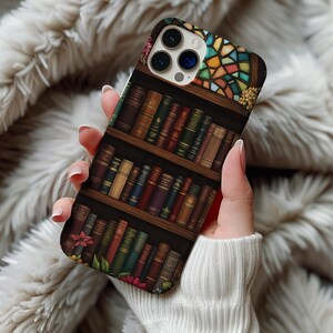 Stained Glass Bookshelf Phone Case, Floral Bookish iPhone Cover 12 13 14 15 16 Library Aesthetic Reader Gift