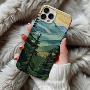 Stained glass mountain range phone case, nature inspired phone case, I phone 12 13 14 15 16, stained glass phone case, forest phone case