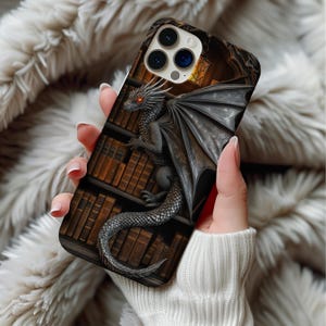Dragon Bookshelf Phone Case, Bookish Fantasy Dragon Lover Gift 3D Carved Wood Illusion iPhone Pro Max Plus Cover