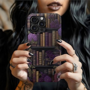 Dark gothic bookshelf phone case, goth phone case books phone case gothic bookshelf bookish phone case book phone case