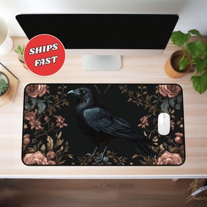 Raven desk mat, floral desk mat, witchy desk mat, dark cottagecore, witchy desk decor, extended mousepad