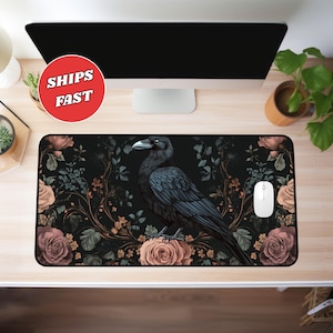 Raven desk mat, floral desk mat, witchy desk mat, dark cottagecore, witchy desk decor, extended mousepad
