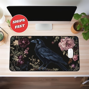 Raven desk mat, floral desk mat, witchy desk mat, dark cottagecore, witchy desk decor, extended mousepad