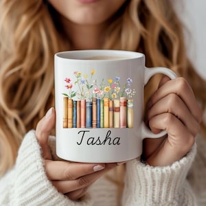 Personalized Floral Books Mug, Favorite Bookshelf Coffee Mug, Custom Tittle & Name Librarian Bookworm Gift for Reader, Gift for Book Lovers