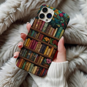 Stained Glass Bookshelf Phone Case, Floral Bookish iPhone Cover 12 13 14 15 16 Library Aesthetic Reader Gift