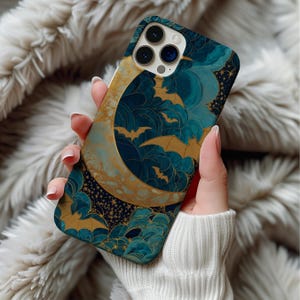 Halloween Phone Case, Celestial Moon & Stars Cover with Bats, Gothic Faux Stained Glass Design, Witchy Tough Case Gift