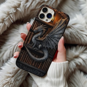 Dragon Bookshelf Phone Case, 3D Carved Wood Illusion iPhone Pro Max Plus Cover Bookish Fantasy Dragon Lover Gift