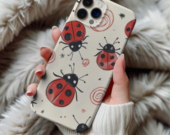 Cute Ladybug iPhone Case, Fun Girl Aesthetic Cover for iPhone Pro Max 16 15 14 13 12 Red Bug with Stars & Hearts Pattern