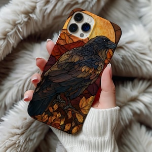 Crow Phone Case – Faux Stained Glass Raven Design for iPhone 16 15 14 13 12 11, Gothic Gift