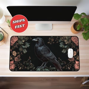 Raven desk mat, floral desk mat, witchy desk mat, dark cottagecore, witchy desk decor, extended mousepad