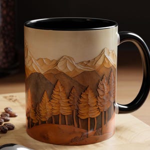 Trees and Mountain Range Mug, PRINTED WOOD STYLE, Carved Wood Style Mug, Nature-Inspired Mug, Outdoorsy Coffee Mug
