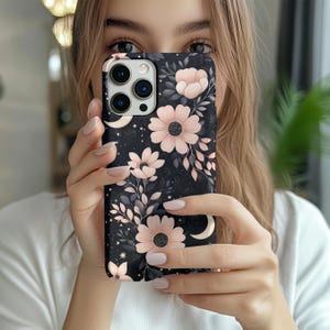 Pink Floral Moon Phone Case, Celestial iPhone Cover 12 13 14 15 16, Boho Flower & Moon Aesthetic Phone Case