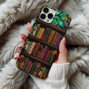 Stained Glass Bookshelf Phone Case, Floral Bookish iPhone Cover 12 13 14 15 16 Library Aesthetic Reader Gift