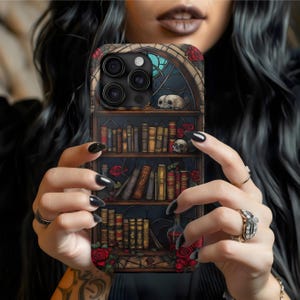 Gothic bookshelf phone case, gothic bookshelf, books phone case, book phone case, dark academia case, reading phone case