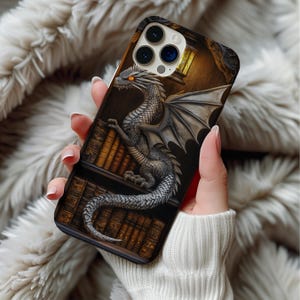 Dragon Bookshelf Phone Case, 3D Carved Wood Illusion iPhone Pro Max Plus Cover Bookish Fantasy Dragon Lover Gift