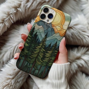 Stained Glass Forest Phone Case, Forest phone case, Hiking phone case, Wilderness case, Mountain phone case, Glass look case