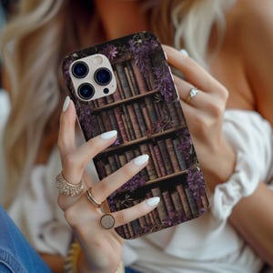 Dark floral bookshelf phone case, book phone case goth phone case dark academia case bookshelf case books phone case purple phone case