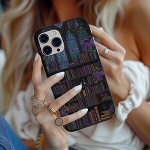 Dark floral bookshelf phone case, bookshelf case dark academia case goth phone case books phone case purple phone case book phone case