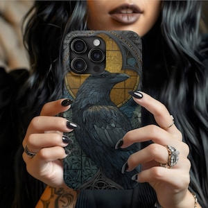 Crow Phone Case – Faux Stained Glass Raven Design for iPhone 16 15 14 13 12 11, Gothic Gift
