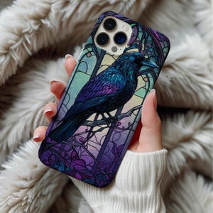 Crow Stained Glass Phone Case, Gothic Faux Glass Art for iPhone 12 13 14 15 16 & Samsung Galaxy, Stained Glass Phone Case