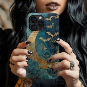 Halloween Phone Case, Celestial Moon & Stars Cover with Bats, Gothic Faux Stained Glass Design, Witchy Tough Case Gift