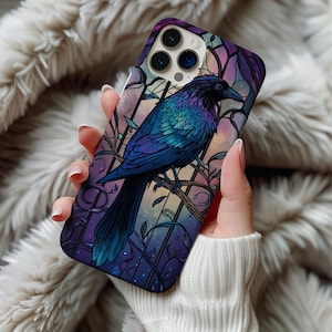 Crow Stained Glass Phone Case, Gothic Faux Glass Art for iPhone 12 13 14 15 16 & Samsung Galaxy, Stained Glass Phone Case