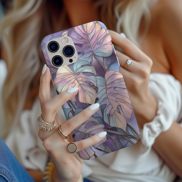 Funda botánica para iPhone 16, 15, 14, 13 y 12 con diseño de vitrales, flores silvestres y hojas de monstera.