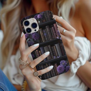 Dark floral bookshelf phone case, goth phone case purple phone case dark academia case book phone case books phone case bookshelf case