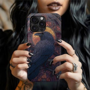 Crow Phone Case – Faux Stained Glass Raven Design for iPhone 16 15 14 13 12 11, Gothic Gift