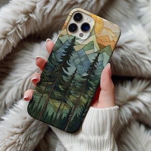 Stained Glass Forest Phone Case, Forest phone case, Hiking phone case, Wilderness case, Mountain phone case, Glass look case