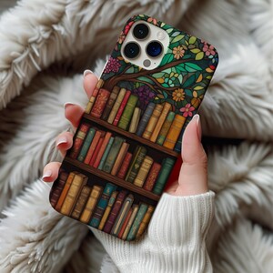 Stained Glass Bookshelf Phone Case, Floral Bookish iPhone Cover 12 13 14 15 16 Library Aesthetic Reader Gift