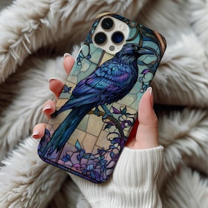 Crow Stained Glass Phone Case, Gothic Faux Glass Art for iPhone 12 13 14 15 16 & Samsung Galaxy, Stained Glass Phone Case