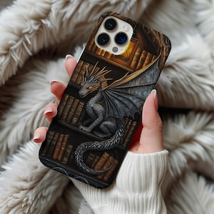 Dragon Bookshelf Phone Case, Bookish Fantasy Dragon Lover Gift 3D Carved Wood Illusion iPhone Pro Max Plus Cover