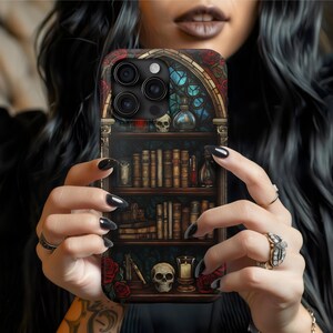 Gothic bookshelf phone case, gothic bookshelf, books phone case, book phone case, dark academia case, reading phone case